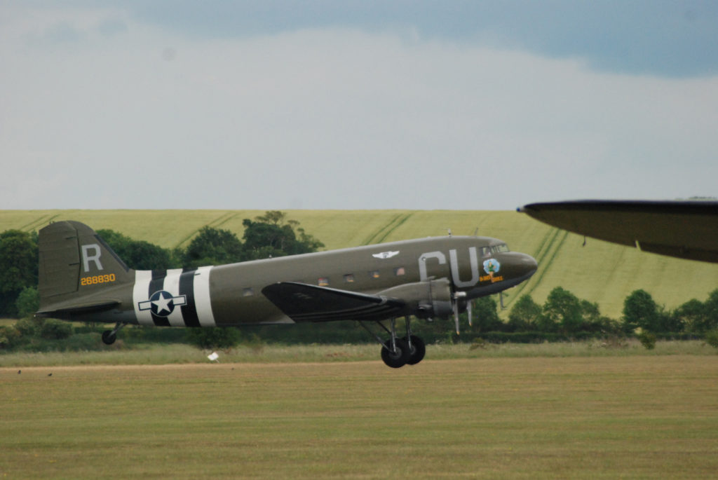 C-53 N45366, D-Day Doll lifts off from Duxford bound for Normandy on June 5th 2019 for D-Day commemoration.