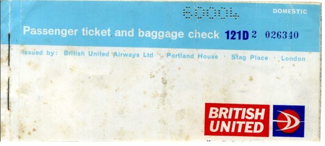 British United Airways ticket Dakota service Isle of Man 1965