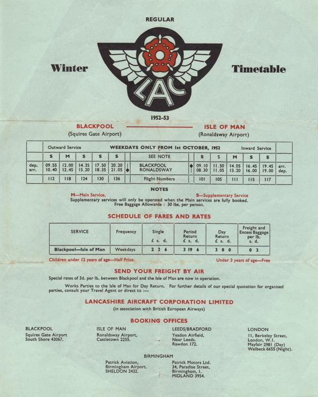 Lancashire Aircraft Corporation winter 1952 1953 timetable Dakota operations Isle of Man