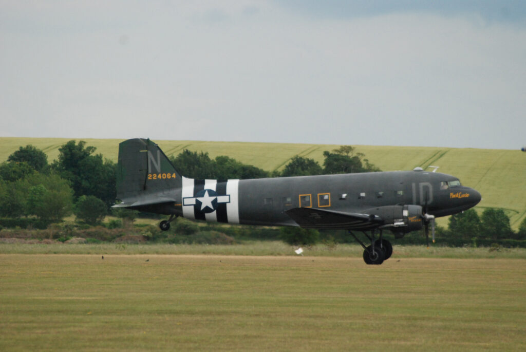 C-47 N74589 Placid Lassie takes off from Duxford on June 5th 2019, bound for France.