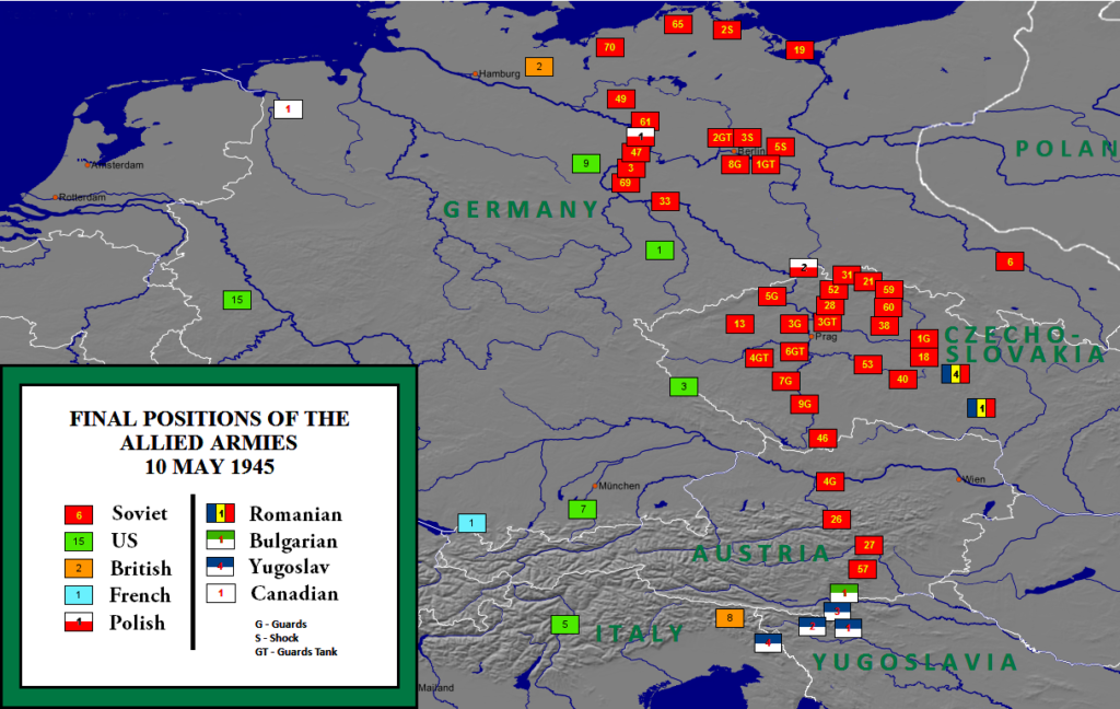 Allied army positions in May 1945 at the end of WW2 in Europe