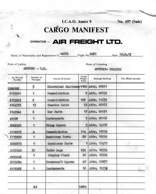 Air freight declaration G-AGYZ