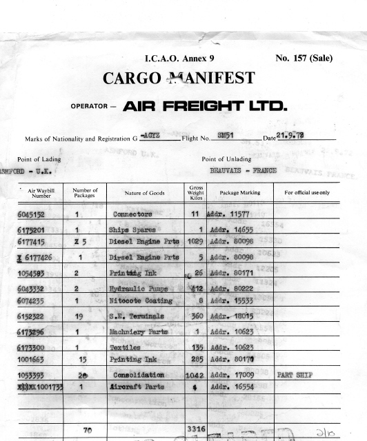 G-AGYZ Beauvais cargo manifest 1972 Skyways Air Freight