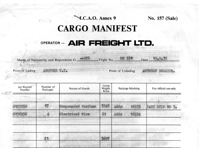G-AGYZ Antwerp cargo manifest Air Freight Ltd