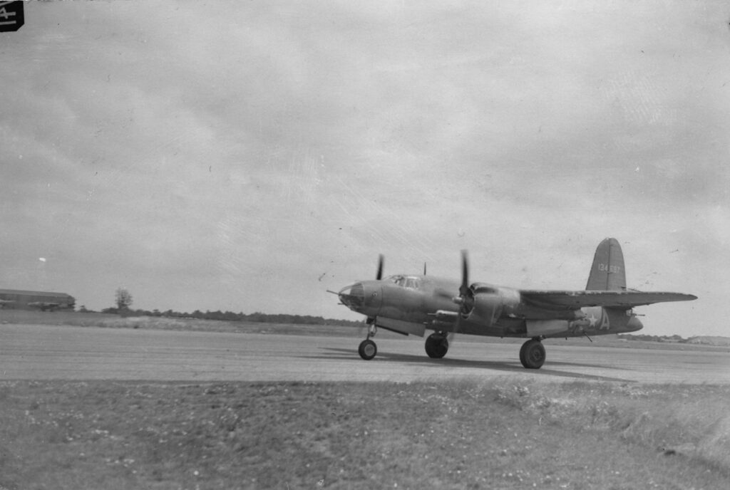 B-26 of 323rd Bomb Group taxis at Earls Colne