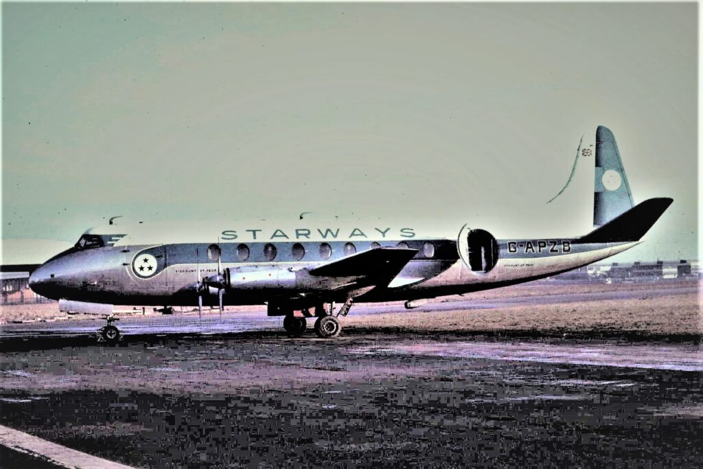 G-APZB had served with Tradair as one of their two ex-Aer Lingus Viscount 707s. It was sold to Starways before Tradair was absorbed into Channel. Eventually, it was to return to Channel after Starways was sold to British Eagle. It is seen in this Ken Fielding photo at Southend on January 1st 1964. Creative Commons Attribution Share-Alike 3.0.