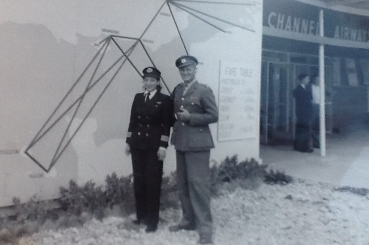 Reg and Jackie Moggridge outside Channel Airways Southend office