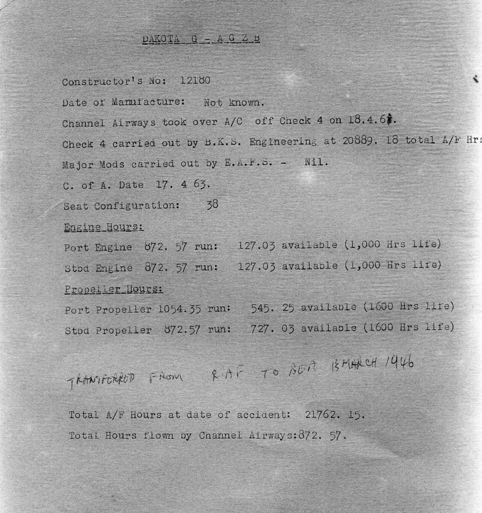 Document evidence provided for investigation into crash of Channel Airways Dakota G-AGZB May 1962