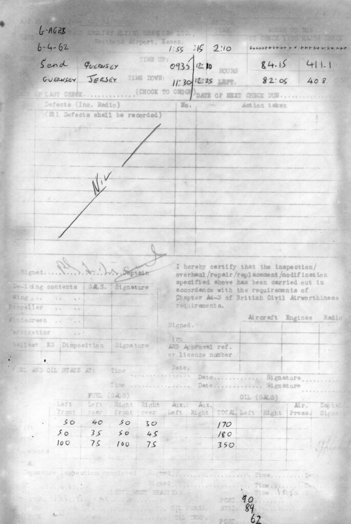 Document evidence provided for investigation into crash of Channel Airways Dakota G-AGZB May 1962